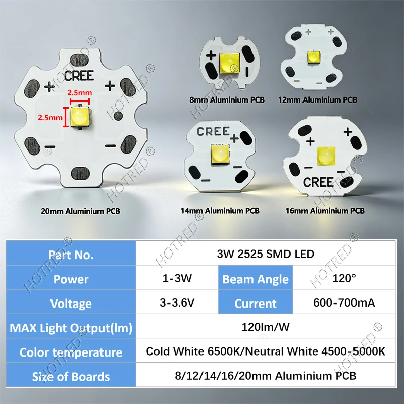 10-100pcs 3W 1W LEDs Beads 2525 SMD XBD XB-D 3-3.6V Cold White 6500K Neutral White 4500K 700mA 2.5mm With 20/16/14/8mm PCB Board