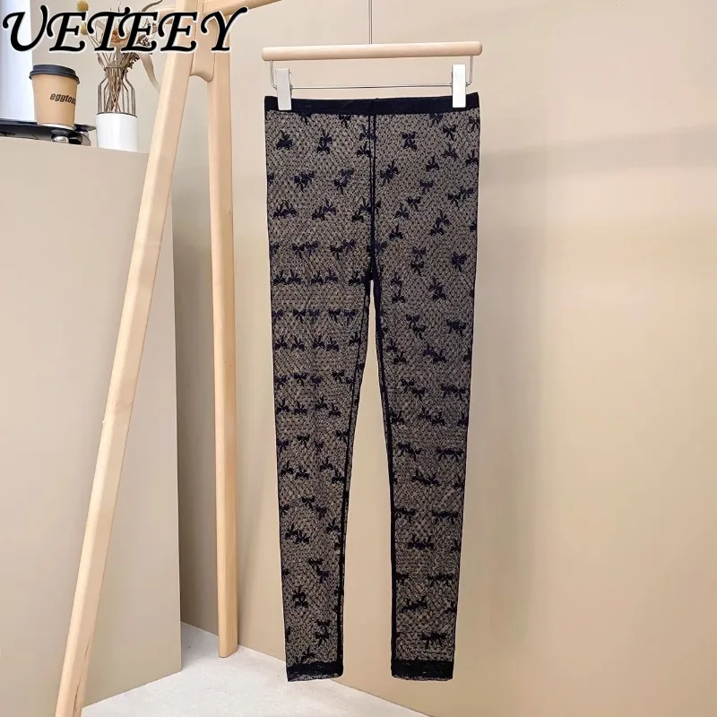 Neue Spitze Leggings frauen Sexy Dünne Neun-punkt Frühling und Sommer Oberbekleidung Mesh Hohe taille Oversize Neun-punkt Hosen