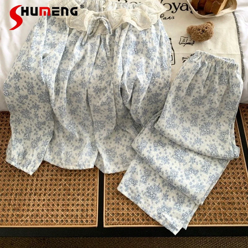 النمط الياباني الفتيات الملابس الداخلية الزرقاء الأزهار جولة الرقبة الدانتيل الخريف بيجامة مجموعة الشارع ارتداء طويلة الأكمام Homewear للنساء