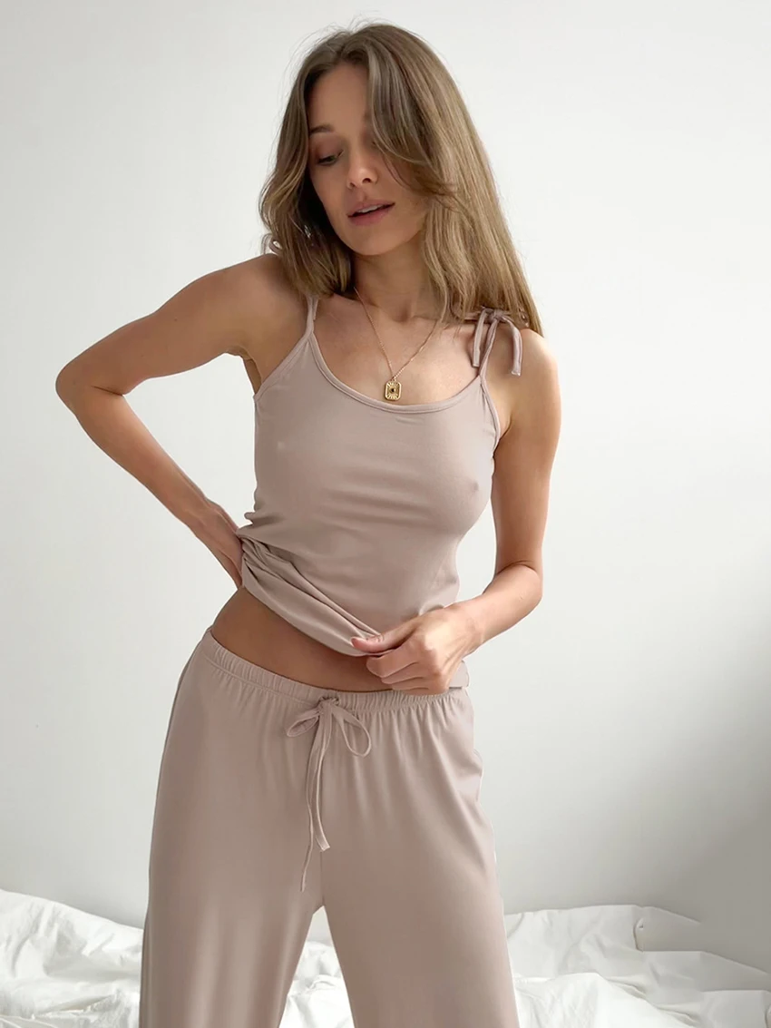 Mathaqiqi-Ensemble pyjama d'été pour femmes, vêtements de nuit sexy à bretelles spaghetti, nuisette en Y, vêtements de nuit à lacets, pantalons, vêtements de maison décontractés