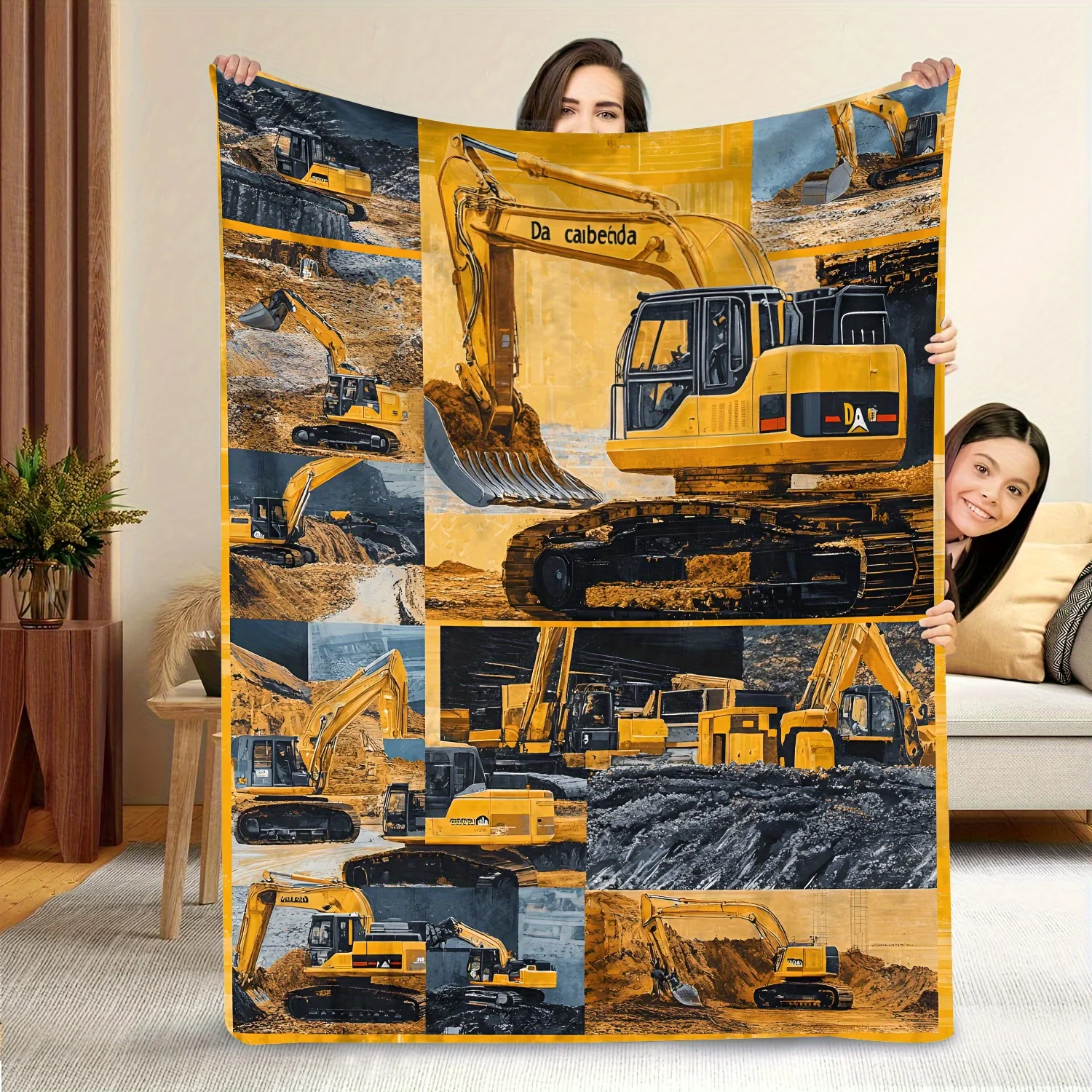 Yellow Excavator Construction Site Print Throw Blanket, Soft Cozy Blanket for Sofa Bed, Versatile Home Decor Gift