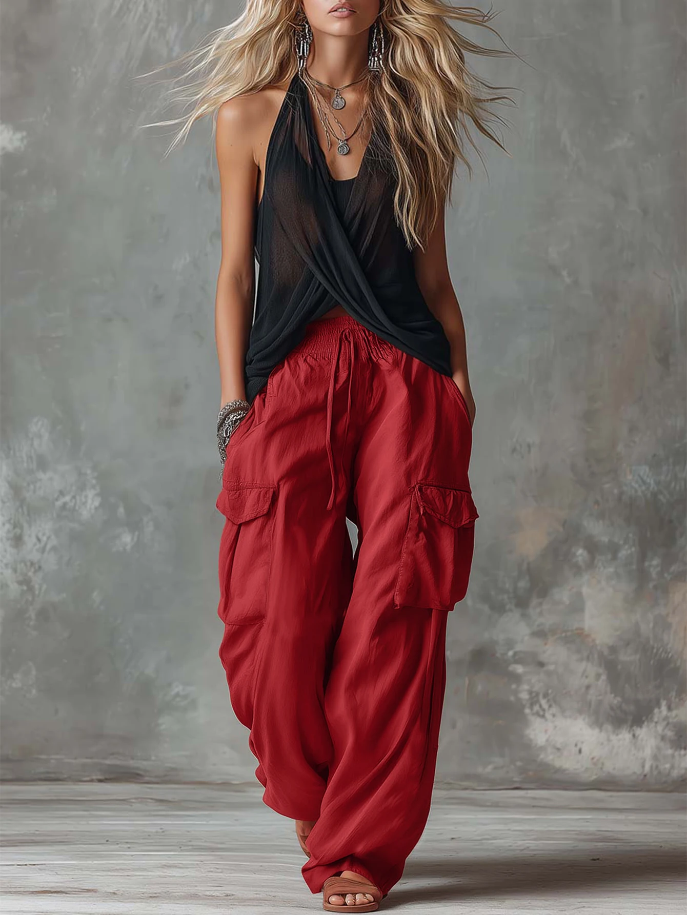 Damen Rote Cargo-Hose mit Weitem Bein, Kordelzug, Elastischer Hoher Bund, Lose Passform, Mehrere Taschen, Leichte Casual Streetwear-Hose – Detail 2