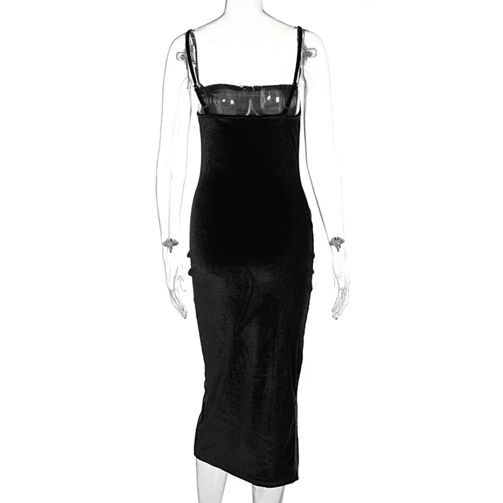 Modna sukienka Bez rękawów Lekko rozciągliwy Jednolity kolor Dekolt w kształcie litery V Maxi Regularny Seksowny Bodycon 1 szt. 95% poliester 5% elastan