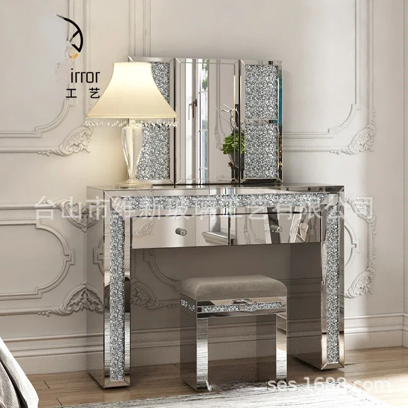 

Mirror glass light luxury dressing table, bedroom, modern and minimalist screen, small unit, makeup table, storage cabinet