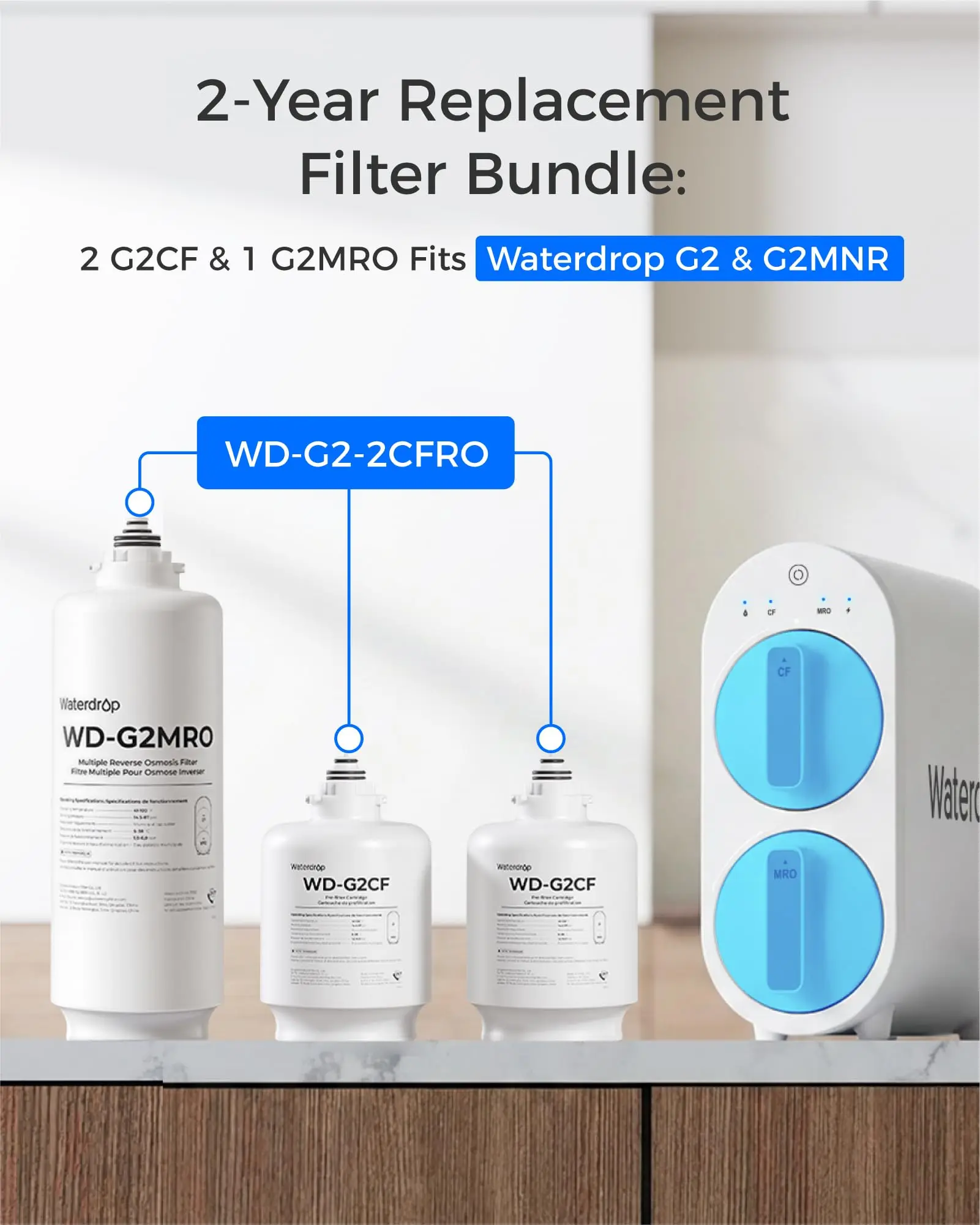 Waterdrop G2-2CFRO Filter, Replacement For G2/G2MNR 400 GPD RO System, 2-Year Lifetime, Pack of 2 G2CF Filters and 1 G2MRO Filter, Under-Sink RO Water Filter, Long Lifespan, Easy Replacement