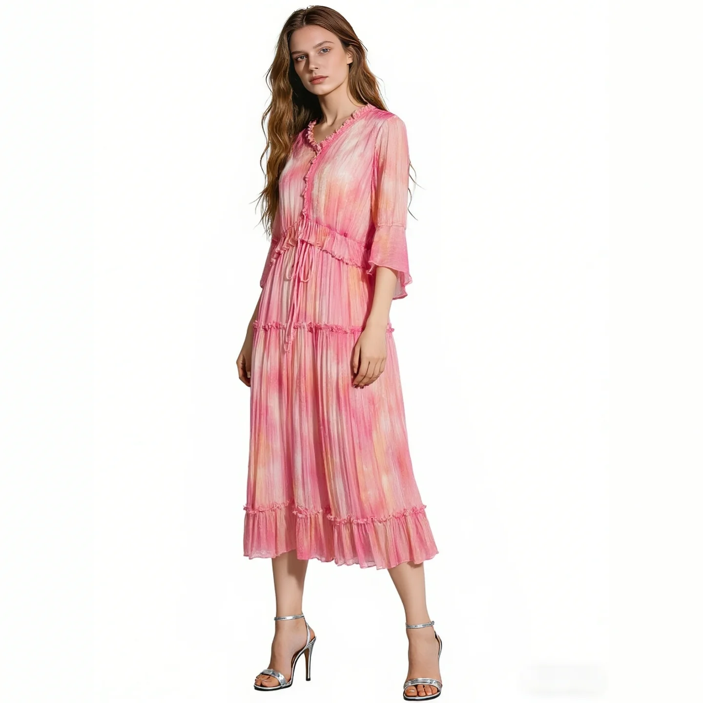 

2026 Spring Women Tie Dye Chiffon Midi Dress Ruffle V-Neck Flare Sleeve Tie Waist Casual Dresses Pink