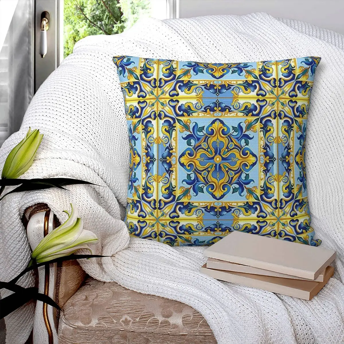 Italian Majolica Tiles Blue And Gold Square Pillowcase Pillow Cover Polyester Zip Decorative Comfort Throw Pillow for Home Car