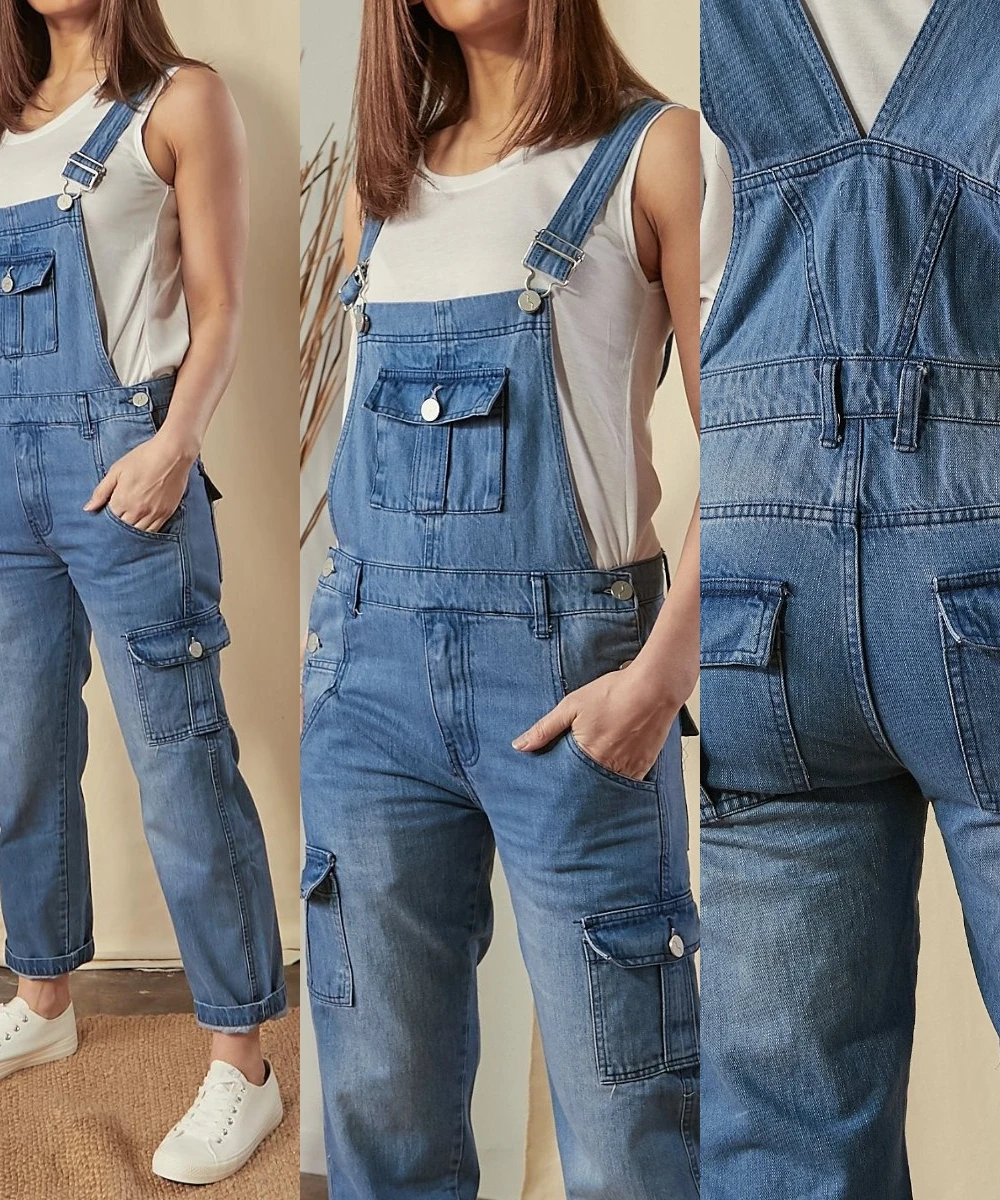 Macacão vintage emendado feminino, cintura média, calça reta, jeans lavado, bolsos de uma peça, ajuste solto casual, comprimento do tornozelo, 2024