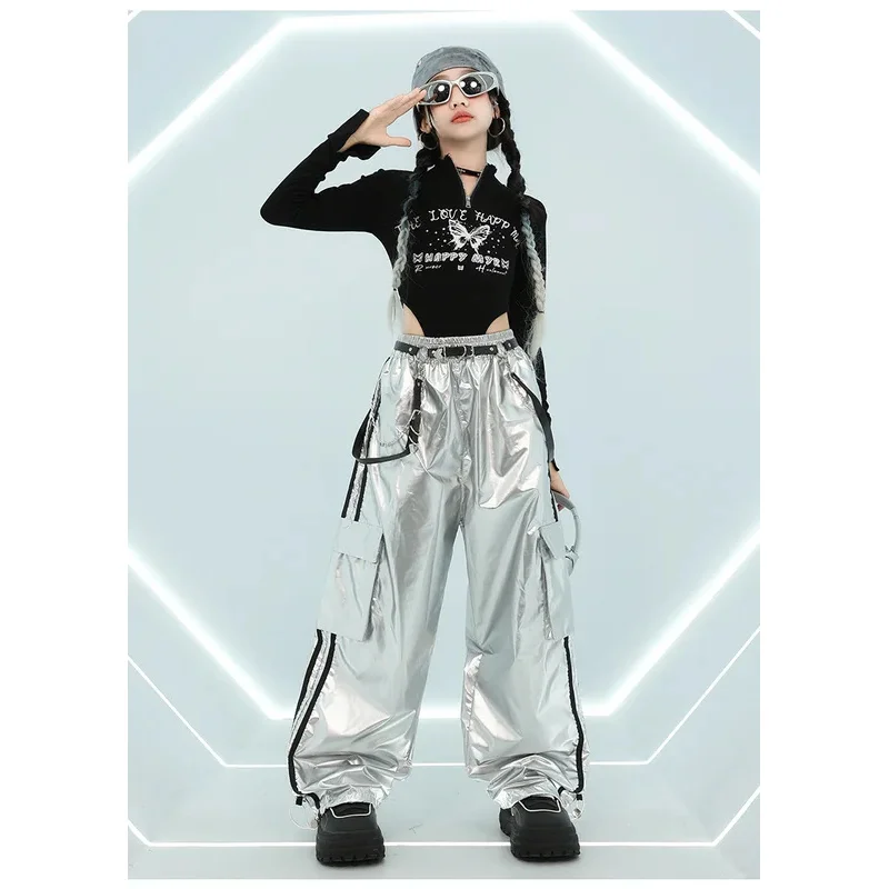 الفتيات ملابس رقص الجاز المرحلة الفتيات Kpop الهيب الورك ملابس الرقص الشارع ملابس الرقص الاطفال موضة Clohtes بلايز سوداء خلط السراويل