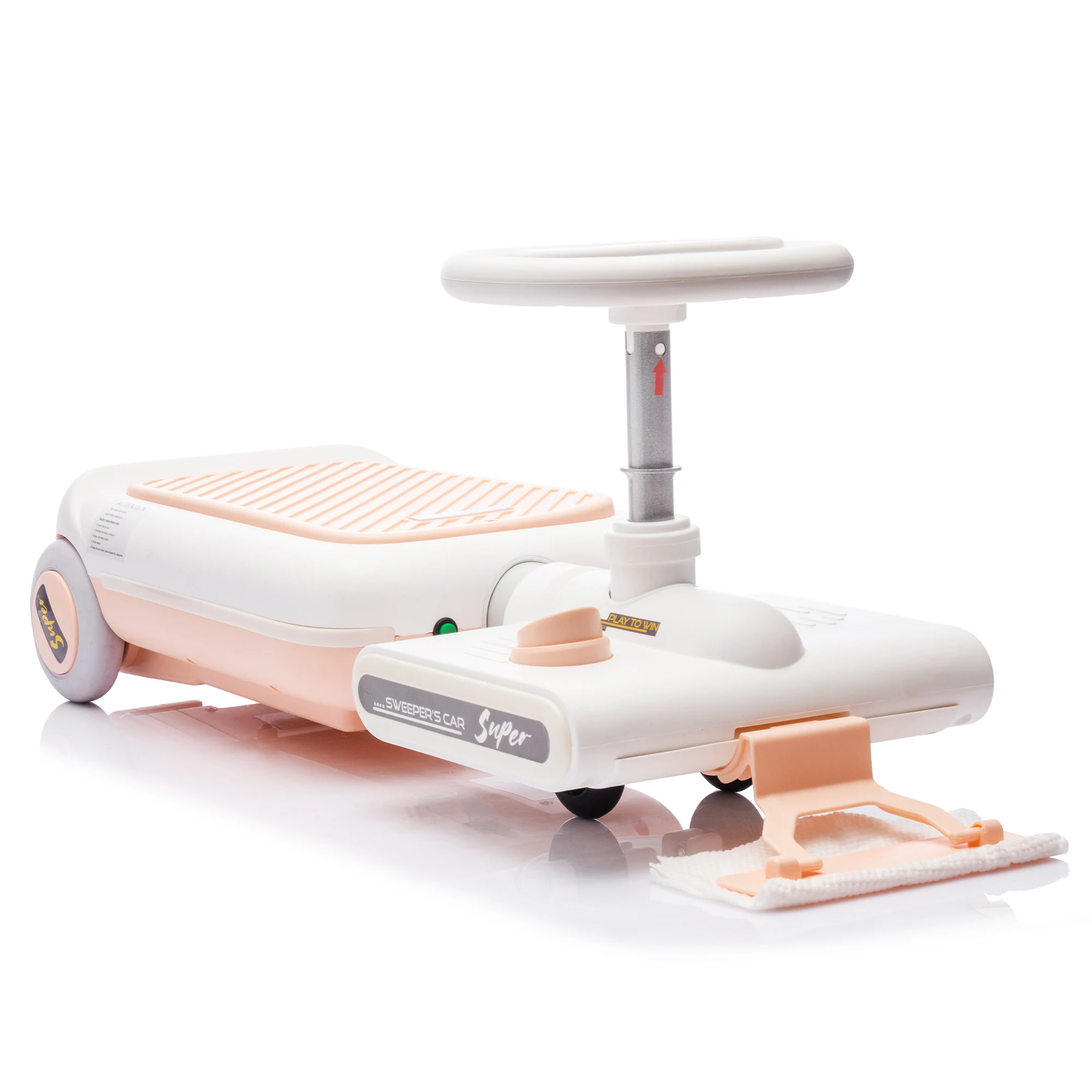 Go Kart per pulizia 12V per bambini, motore 55W, anteriore con mop per pulizia, lunghezza può estesa da 6 cm, funzione musicale e illuminazione integrata