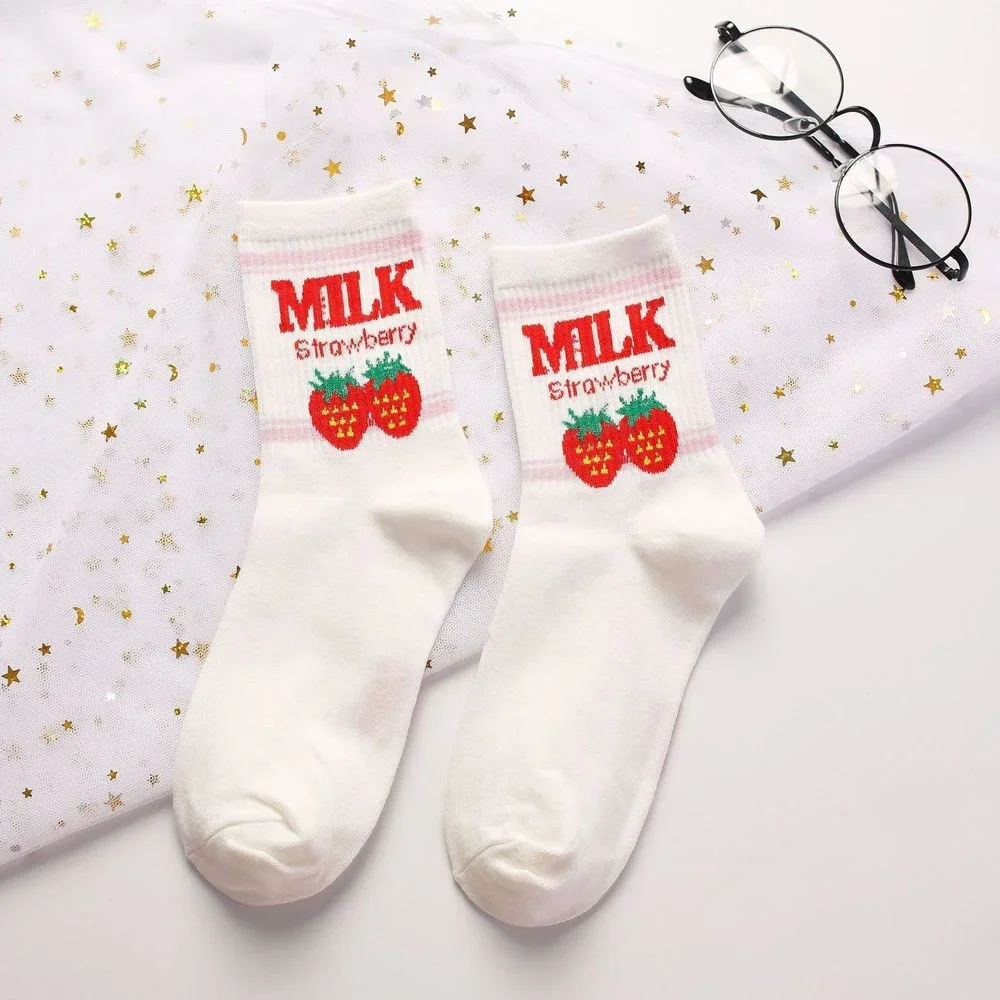 Japanese Kawaii Strawberry Banana Milk Cow Ankle Socks Cute Lovely Girls Lolita Sweet Fruit Milk Juice Patterned Short Socks