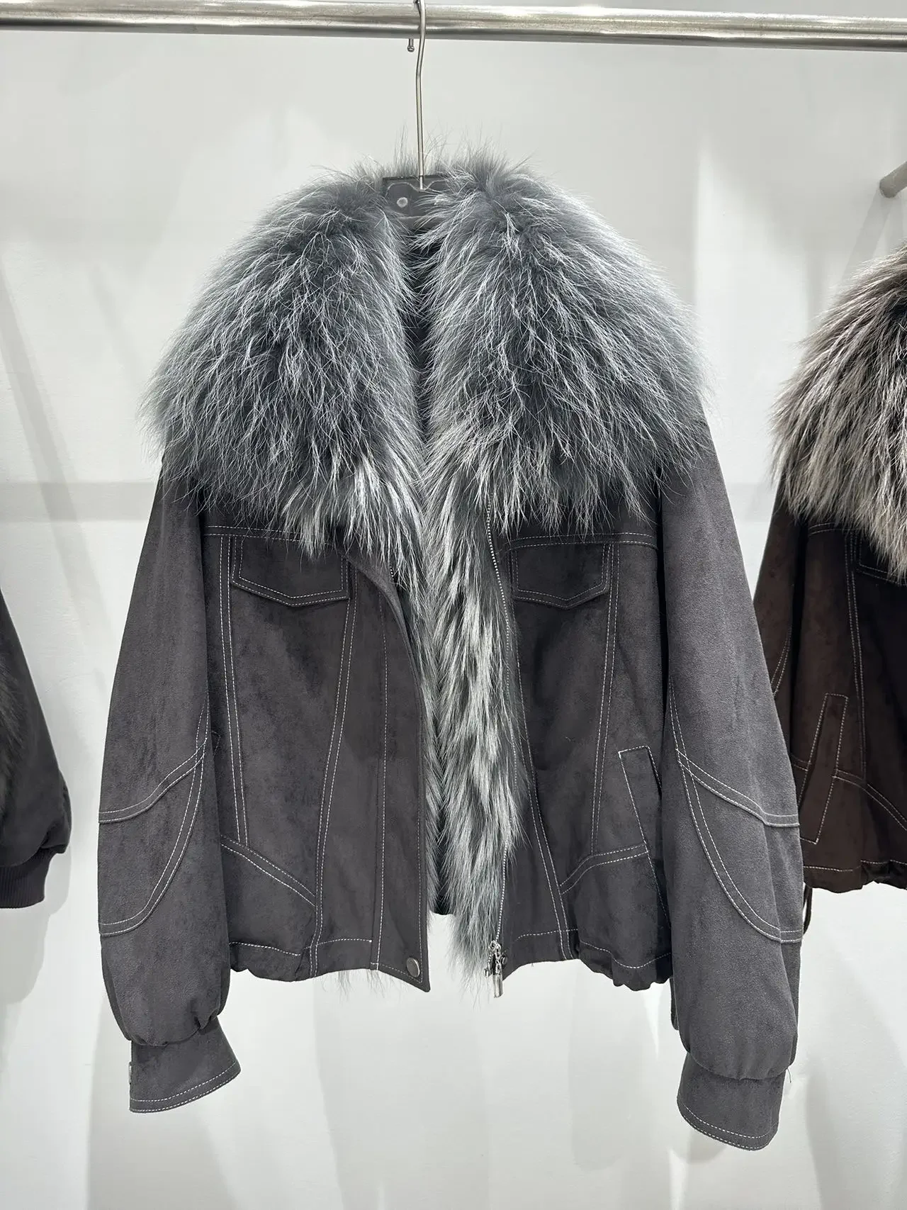 OFTBUY Real Fox Fur Oversized Collar Goose Down Jacket Winter Warm Zipper Drawstring Hem Outerwear Women Suede Cropped Coat