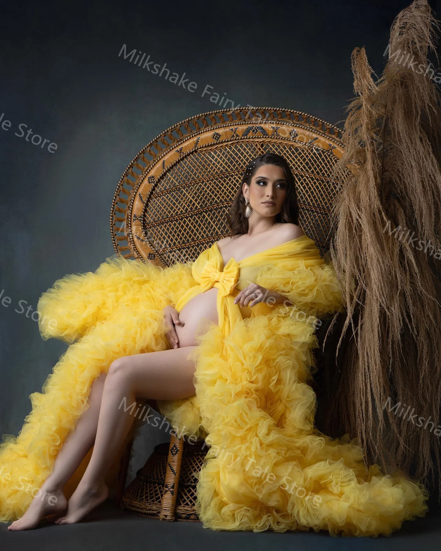 Vestidos de Noche de línea A para mujeres embarazadas, ropa de maternidad con volantes escalonados, mangas largas, abertura frontal, color amarillo