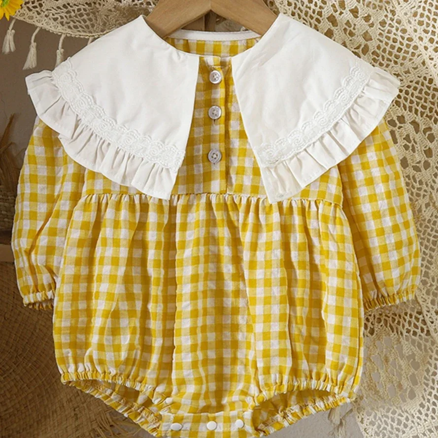 Girls Onesie 2026 Spring And Autumn New Childrens Clothing Girls Baby Sweet Plaid Large Lapel Long-sleeved Onesie Casual Simple