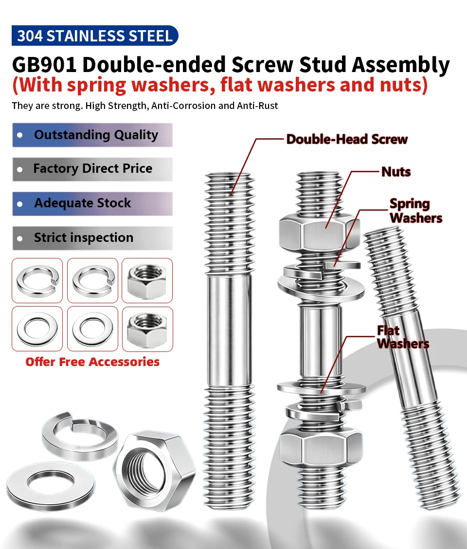304 Edelstahl Doppelendbolzen-Set M6 M8 M10 M12 M14 M16 mit Muttern, Flachfederscheiben, Hardware-Kit GB901 – Detail 1