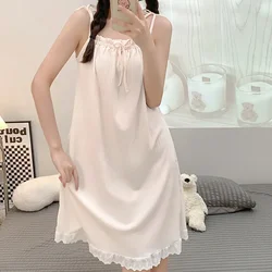 5XL Plus Size Spaghetti Sleep Dress Women Korean Sweet Medium-length Nightgown Loose Homewear Princess Style Pajamas Outside