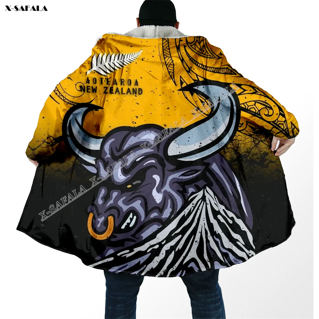 

Aotearoa New Zealand Polynesia 3D Printed Overcoat Hooded Blanket Coat Cape Robe Fleece Loose Men Female Cloak Windproof