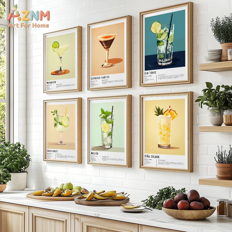 AZNM Classic Cocktail Canvas Wall Art Mojito Gin Tonic Martini Retro Drink Recipe Bar Kitchen Decor Poster Unframed
