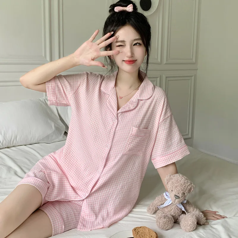 

Summer New Women's Cloud Cotton Pajamas Homewear Set Girls Summer Pink Plaid Elegant Leisure Short-Sleeved Suit Homewear