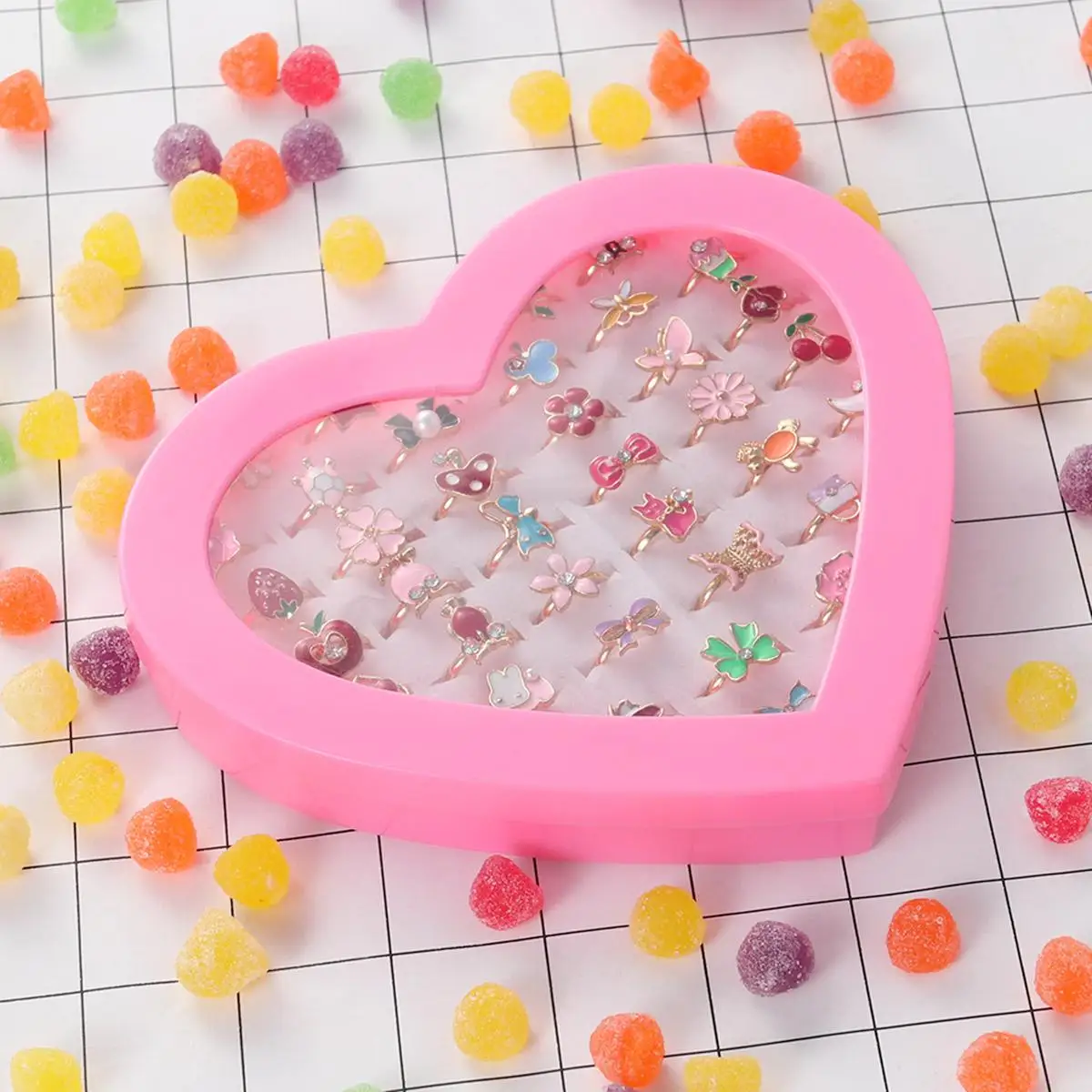 36 peças TOYMYTOYColorful crianças anéis ajustáveis brilho com formato de coração vitrine para crianças lembrancinhas de festa de aniversário