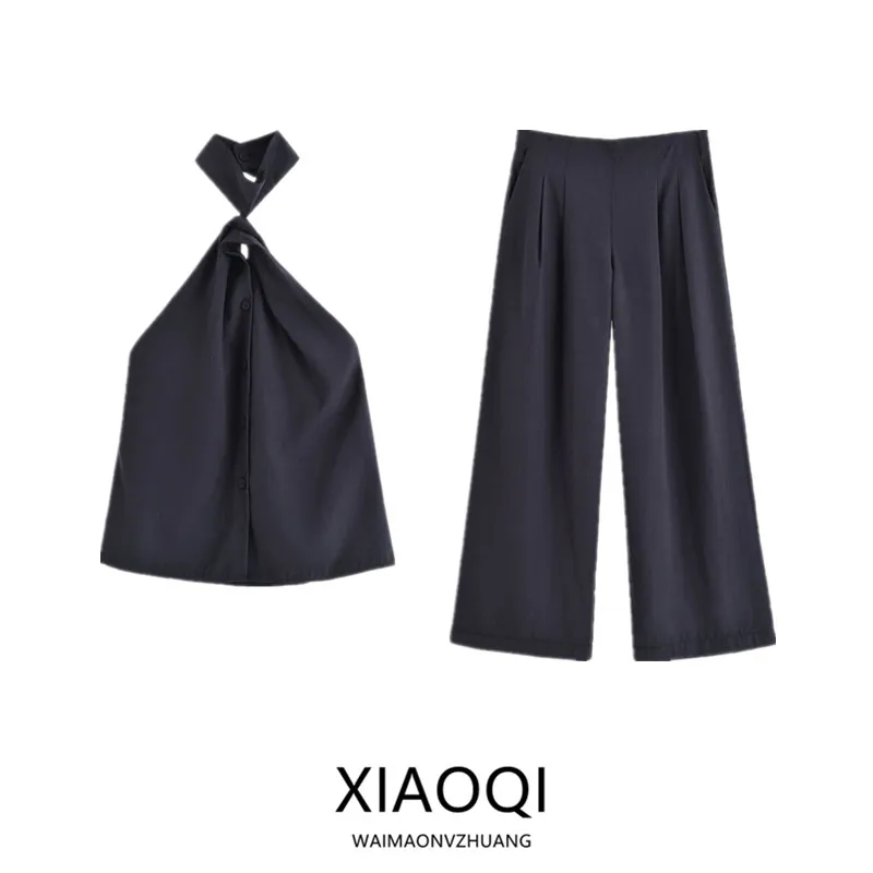 

Женский модный летний жилет 2024, подвесной топ, длинные брюки, круглый комплект из двух предметов на пуговицах, длинный све, круглый Ne...