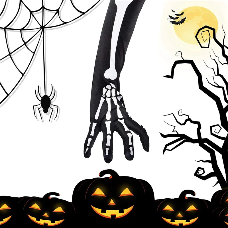 

B05B-4 Pairs Halloween Skeleton Gloves With Skeleton Arm Sleeve Full Finger Long Arm Skeleton Gloves For Kids And Adults