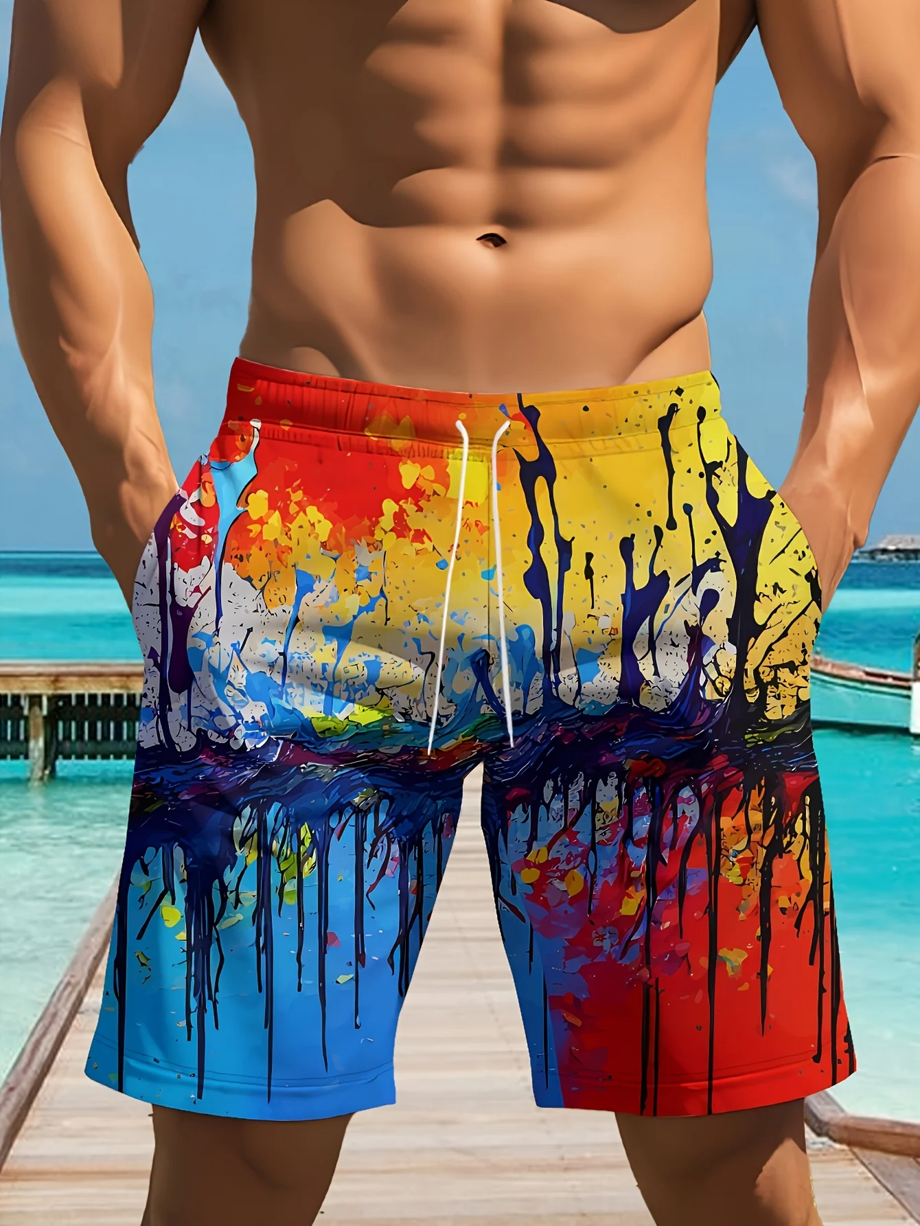 

2026 Men's Colorful Paint Splatter Print Beach Shorts Drawstring Waist Quick Dry Casual Swim Trunks