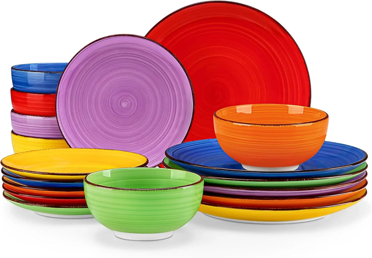 

Bonita Dinnerware Set Muticolor Stoneware 18 Pieces Service for 6, Handpainted Spirals Pattern Stoneware Plates and Bowls Set