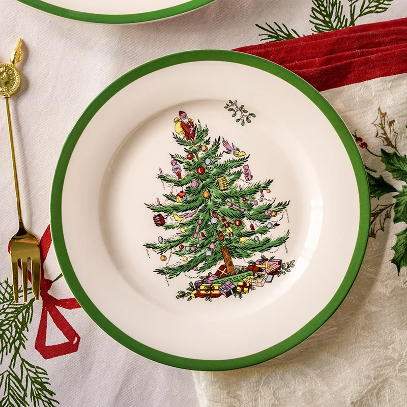 Christmas Tree Printed Under Glazed Ceramic Steak 10.5 Inch Plates 6inch 8inch Bowls Xmas Party Salad Desserts Food Container