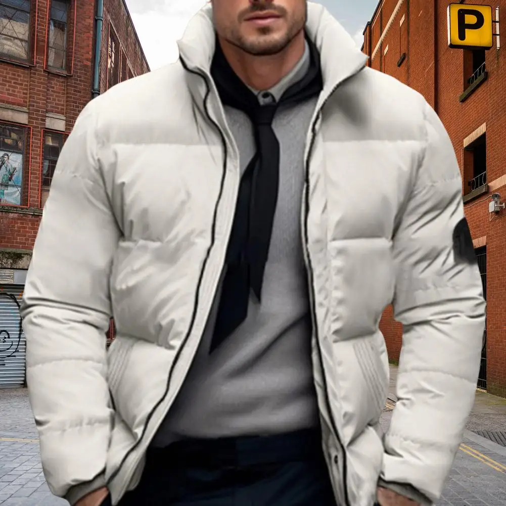 

Cotton Coat Men's Thickened Cotton Puffer Coat with Stand Collar Side Pockets Long Sleeve Zipper Closure Outwear for Winter