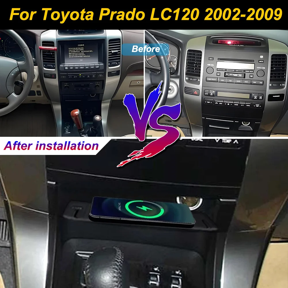 Carregador sem fio para celular, suporte para console central com carregamento rápido para Toyota Land Cruiser Prado LC120 2002-2009