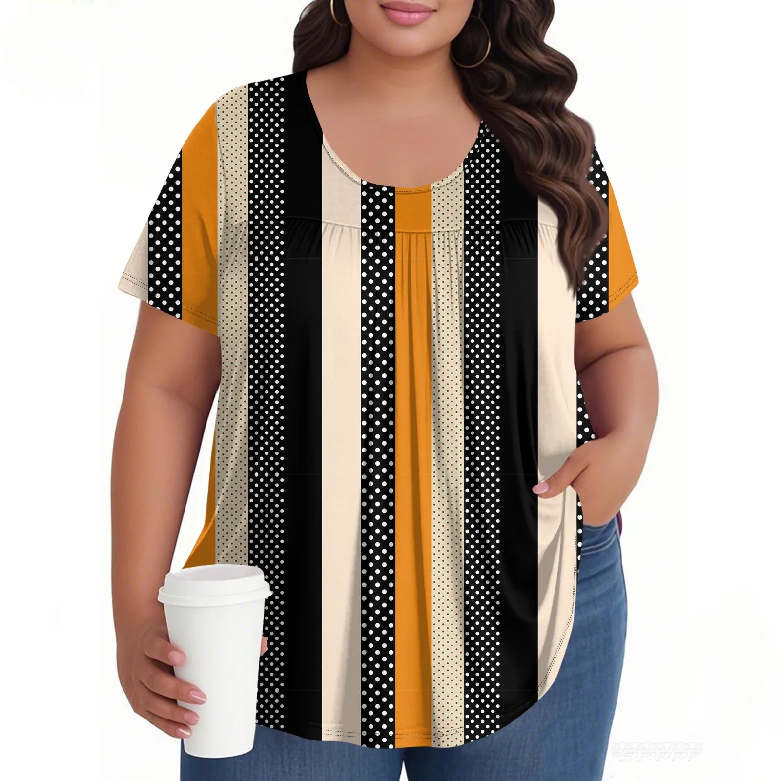 

Топ больших размеров, женская модная повседневная летняя футболка в геометрическую полоску с короткими рукавами и круглым вырезом в горошек, со складками спереди
