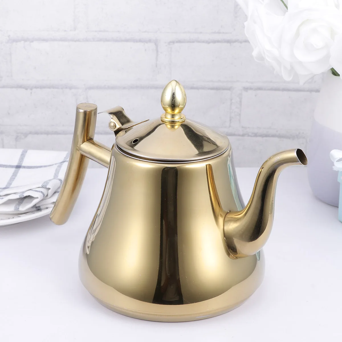 

1L Stainless Steel Teapot Glossy With Inner Strainer Easy Grip Handle For Home Restaurant Kitchen Use Gold