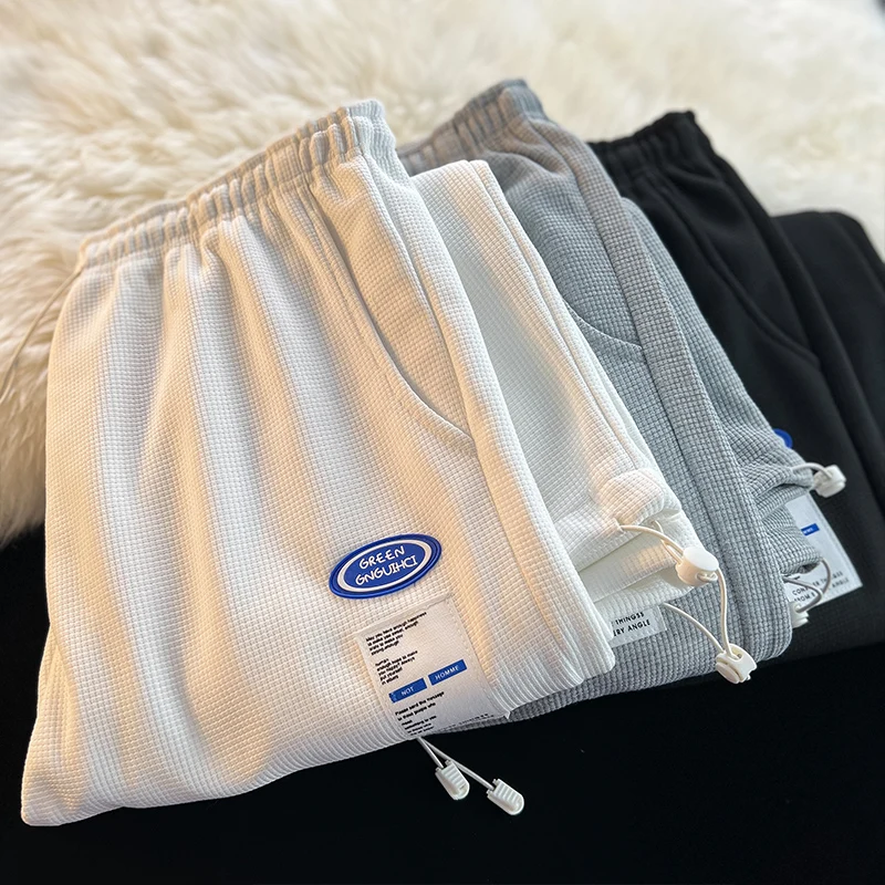 

Korean Style Fashion Sweatpants New Autumn Light Gray Baggy Wide-leg Pants Straight-leg Casual Tie Feet Trousers Male