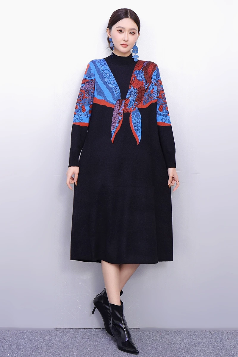 2025 Winter Elegante Frauen Casual Lose Gestrickte Gedruckt Lange Kleider Weibliche Lange Hülse Kontrast Farbe Kleid Großhandel J2101