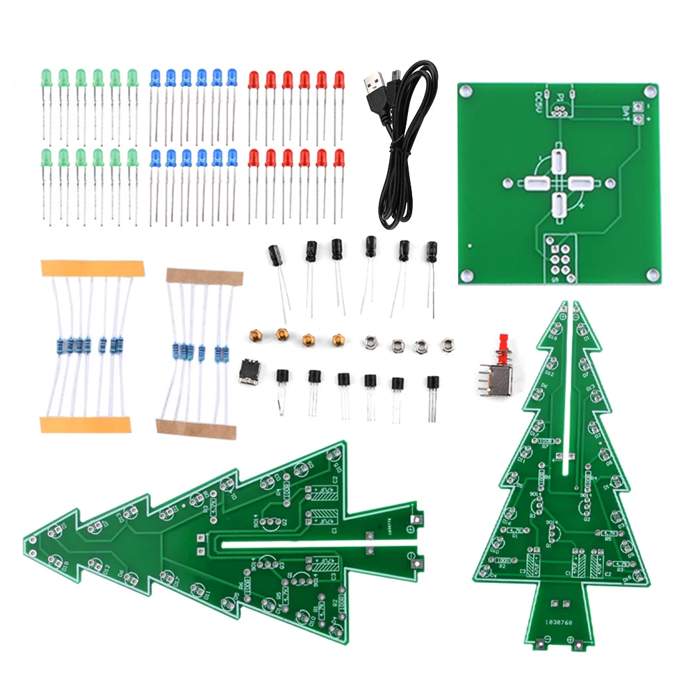 Kit DIY LED pohon Natal 3D tiga dimensi, Kit sirkuit kilat LED merah/hijau/kuning, rangkaian menyenangkan elektronik DC 4.5-5V MINI USB