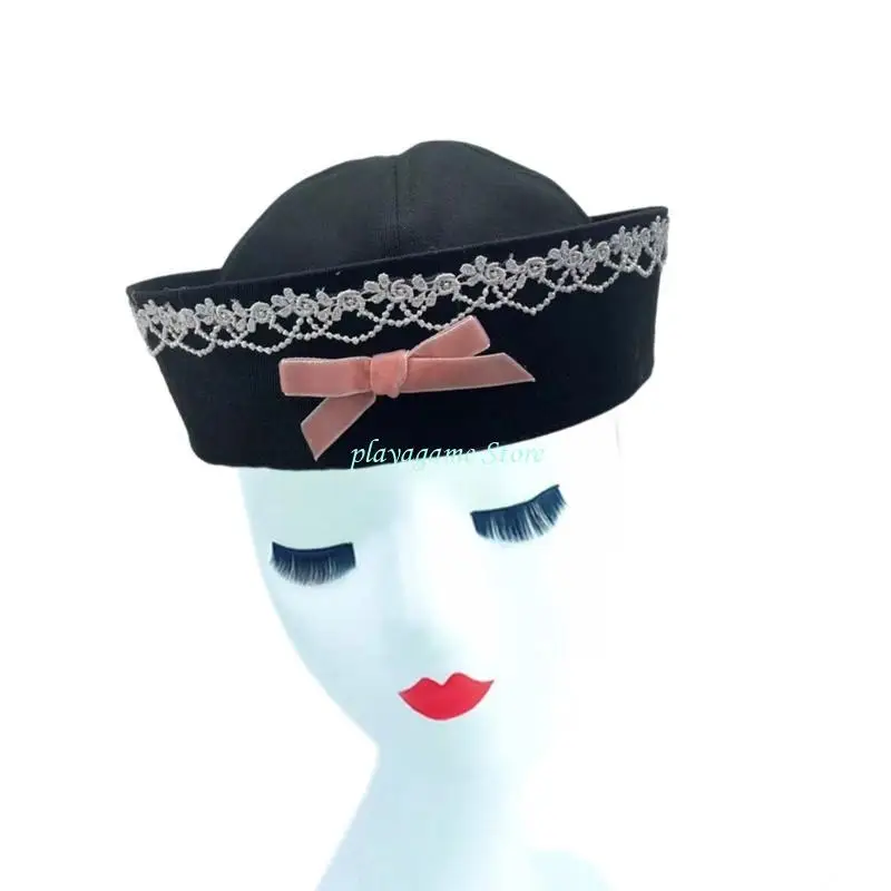 Y88A امرأة قبعة البحرية مع الشارات Bowknot الصغيرة بحار قبعة الربيع Sunproof الكابتن قبعة