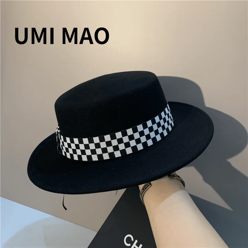 UMI MAO Checkerboard Wool Hat Autumn Winter Light Luxury Wild Lady Flat Fashionable High-end Wide Brim Tide Femme Y2K Derbies