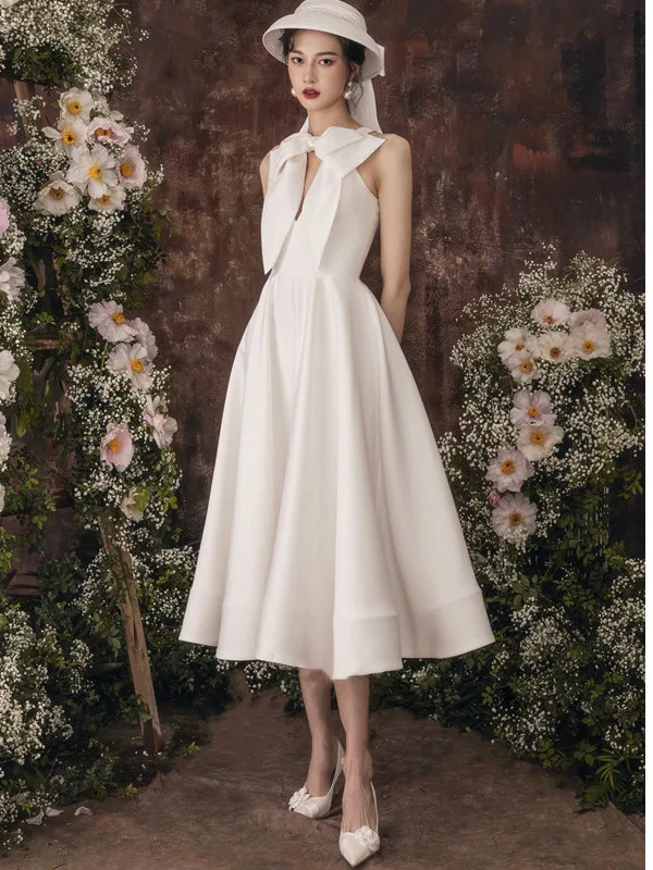 

Silk Satin Light Wedding Dr White Slimming Simple New 2025 Bride License Registration Banquet Dr Deep V mid Waist