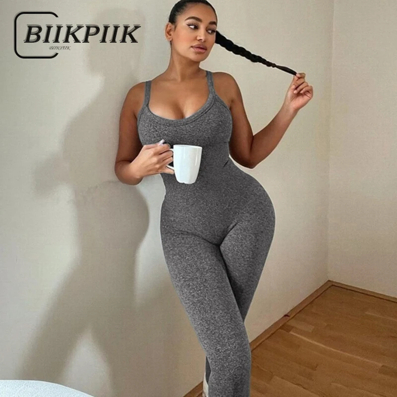 

BIIKPIIK Casual Yoga Camisole Jumpsuits Women Sporty Fitness Solid Skinny Rompers Concise Sleeveless High Waist Overalls Spring