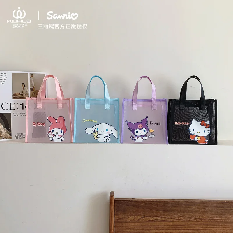 New Sanrio Hello Kitty Mesh Cosmetic Bag Kuromi Cinnamoroll Girls Cute Kawaii Portable Large Capacity Commuting Bag Beach Bag