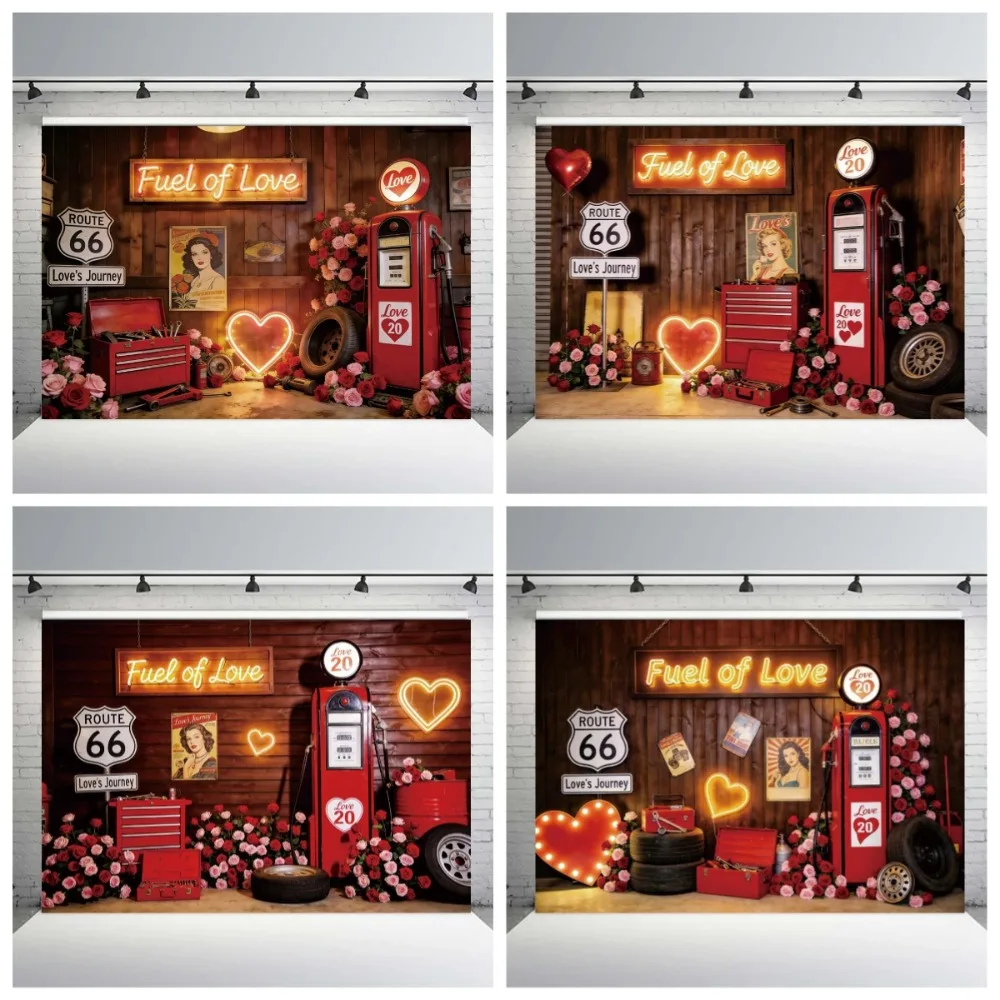 

Valentine's Day Love Journey Rose Themed Banner Background, Road Gas Station Anniversary Portrait Photography Background Cloth