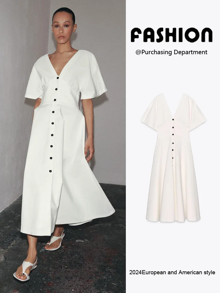 

Новая летняя женская миди-платье ZA2025 с V-образным вырезом, утягивающим поясом, коротким рукавом и пуговицами, модное, в этническом стиле