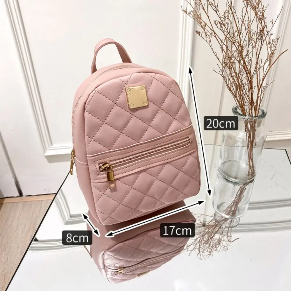 Lingge Embroidery Mini Small Backpack Solid Color PU Leather Women Shoulder Bag Zipper Large Capacity Travel Rucksack