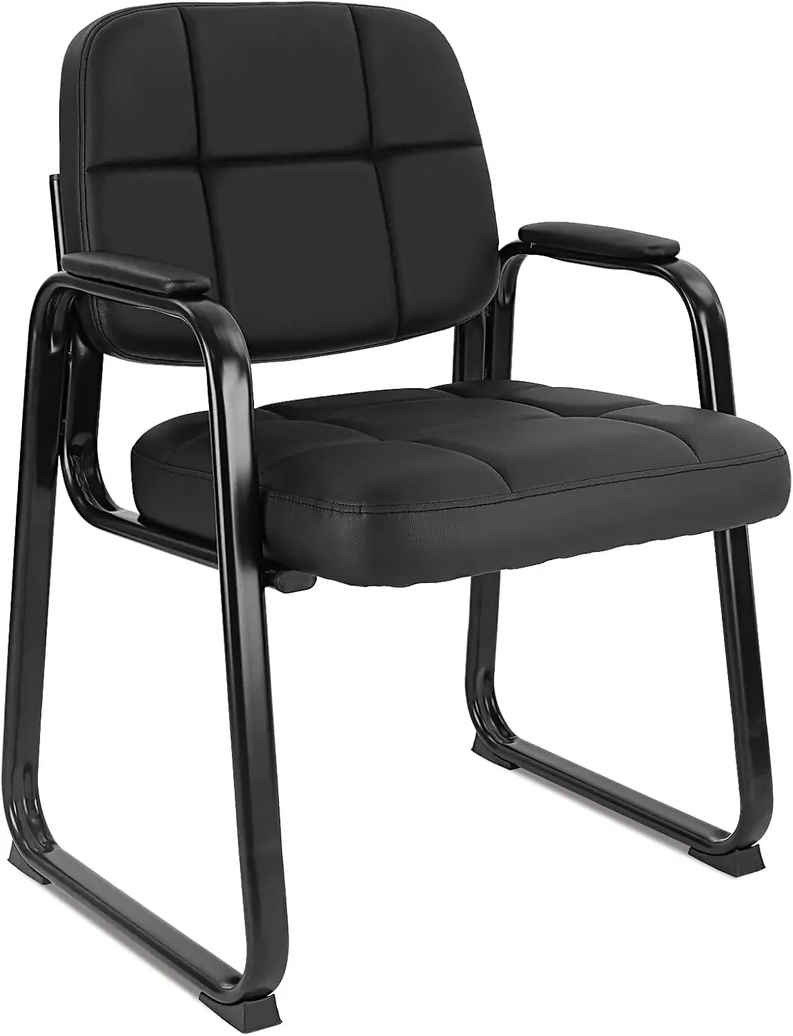 Waiting Room Guest Chair with Bonded Leather Padded Arm Rest for Office Reception and Conference Desk Black with Sled Ba