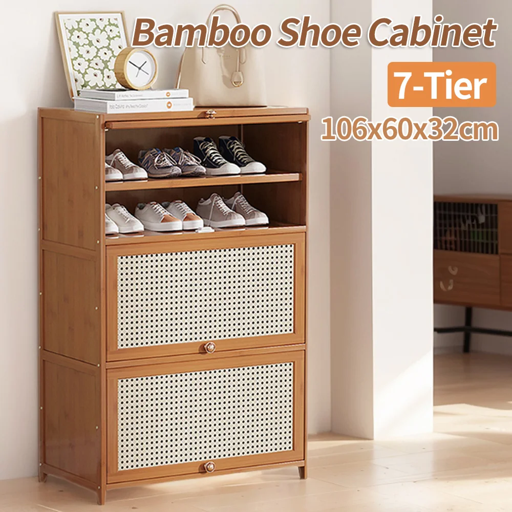 

Shoe Storage Cabinet Bamboo Shoe Cabinet with 2 Flip Drawers Door Freestanding Shoe Organizer Rack for Closet Hallway Entryway