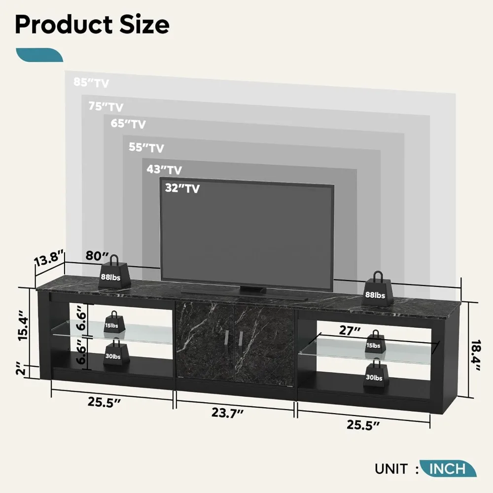 80 Inch TV Stand for 77/85/86 inch TVs, LED Gaming Entertainment Center with Storage Cabinet &Adjustable Glass Shelves,