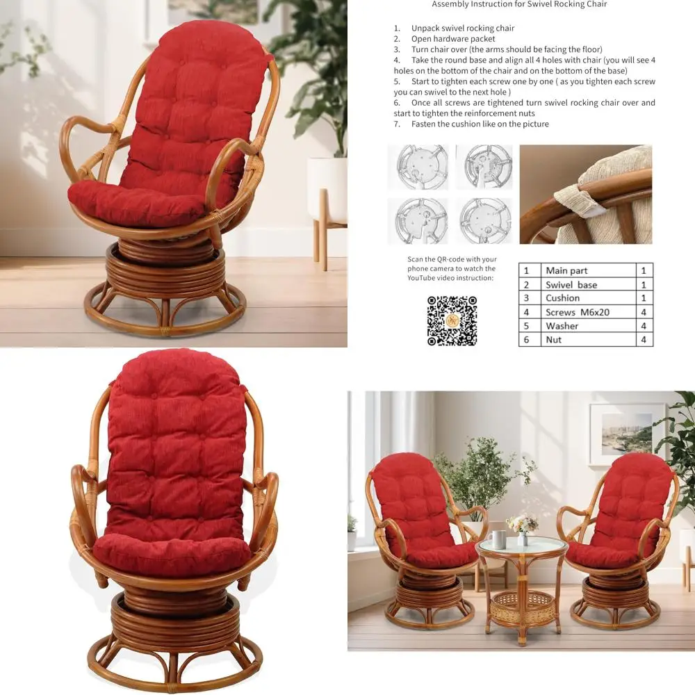 

Swivel Rocking Rattan Wicker Chair with Red Cushion, Java Style, Colonial Color