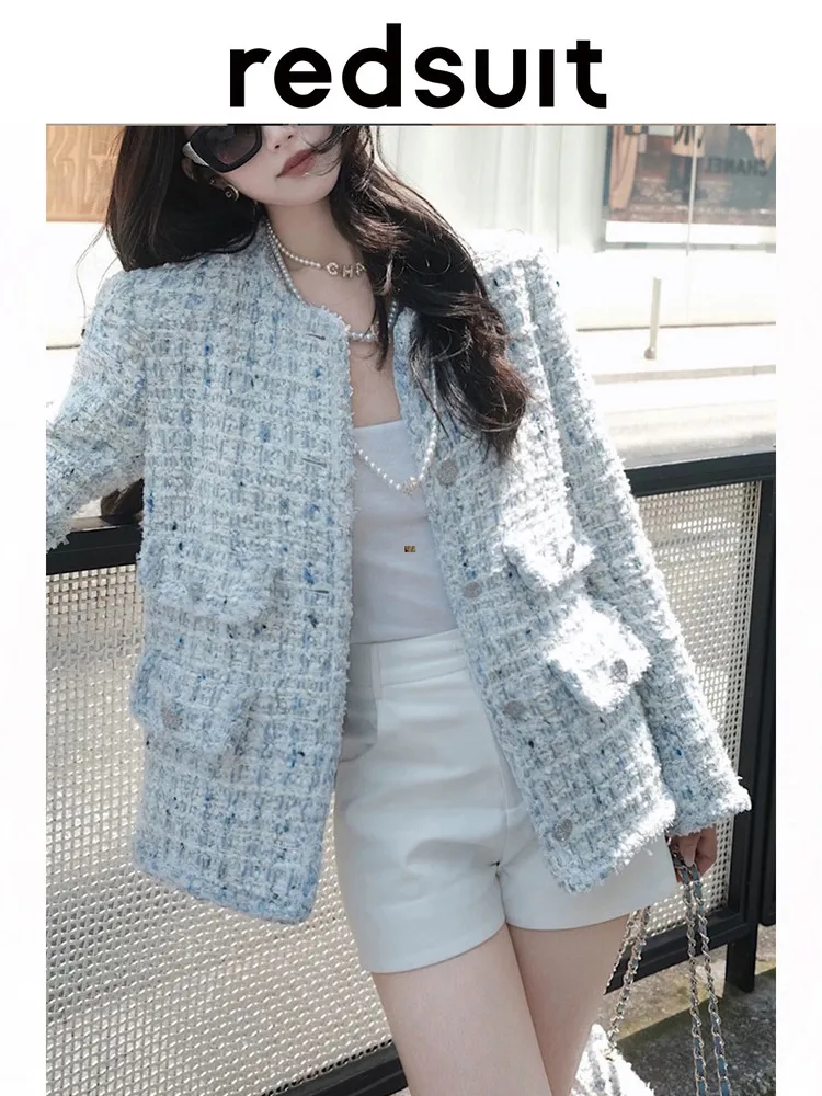 New Fashionable exquisite light blue coarse woolen coat, classic four patch pocket top Custom Size