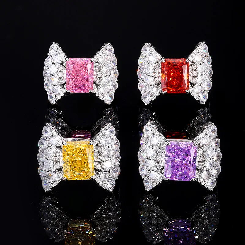 

Bowknot Design Cute Candy Color Pink Orange Yellow Purple Color Ice Cut High Carbon Diamond Adjustable Zircon Ring